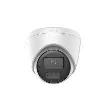 Hikvision 4MP ColorVu turret camera mounted on exterior wall Smart hybrid light CCTV camera with color night vision active Hikvision turret camera with siren and flashing strobe light Close-up of lens and built-in microphone speaker system Outdoor IP67 waterproof Hikvision security camera in rain Full-color night surveillance footage from Hikvision ColorVu camera