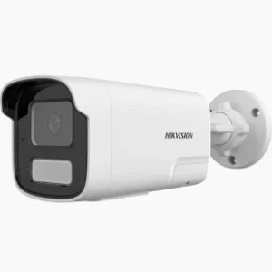 Hikvision 4MP bullet camera front view DS-2CD1T43G2-LIUF/SL outdoor installation Hikvision hybrid light security camera at night Bullet IP camera with strobe light feature Hikvision CCTV camera side angle Outdoor weatherproof Hikvision camera setup