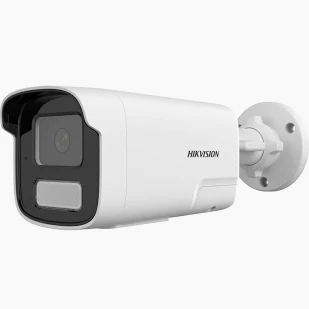 Hikvision 4MP bullet camera front view DS-2CD1T43G2-LIUF/SL outdoor installation Hikvision hybrid light security camera at night Bullet IP camera with strobe light feature Hikvision CCTV camera side angle Outdoor weatherproof Hikvision camera setup
