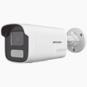 Hikvision 4MP bullet camera front view DS-2CD1T43G2-LIUF/SL mounted outdoors Hikvision smart hybrid light night vision example Hikvision IP camera side profile Outdoor CCTV bullet camera waterproof design Hikvision security camera installation setup