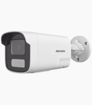 Hikvision 4MP bullet camera front view DS-2CD1T43G2-LIUF/SL mounted outdoors Hikvision smart hybrid light night vision example Hikvision IP camera side profile Outdoor CCTV bullet camera waterproof design Hikvision security camera installation setup