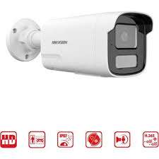 Hikvision 4MP bullet camera front view DS-2CD1T43G2-LIUF/SL mounted outdoors Hikvision smart hybrid light night vision example Hikvision IP camera side profile Outdoor CCTV bullet camera waterproof design Hikvision security camera installation setup