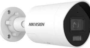 Hikvision 4MP mini bullet ColorVu camera front view DS-2CD2047G3-LI2UY outdoor wall installation Smart hybrid light full color night surveillance example Hikvision 4mm lens long range monitoring camera Weatherproof IP67 bullet camera security setup Hikvision mini bullet camera side angle design