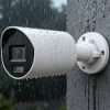 Hikvision 4MP mini bullet ColorVu camera front view DS-2CD2047G3-LI2UY outdoor wall installation Smart hybrid light full color night surveillance example Hikvision 4mm lens long range monitoring camera Weatherproof IP67 bullet camera security setup Hikvision mini bullet camera side angle design