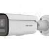 Hikvision 8MP ColorVu mini bullet camera front view DS-2CD2187G3-LIS2UY outdoor installation setup 4K full color night surveillance example ColorVu Hikvision smart hybrid light night vision demo Weatherproof IP67 bullet camera mounted outdoors Hikvision 2.8mm wide angle CCTV coverage view