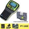 Puty PT-100E portable label printer front view Handheld label maker with battery and charger PT-100E printing labels in office setup Compact portable label printer for retail use Puty PT-100E keypad and display close-up Label printer used for organizing storage