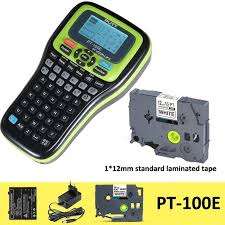 Puty PT-100E portable label printer front view Handheld label maker with battery and charger PT-100E printing labels in office setup Compact portable label printer for retail use Puty PT-100E keypad and display close-up Label printer used for organizing storage