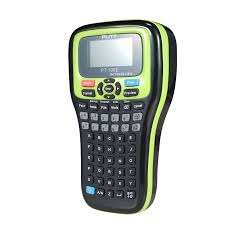 Puty PT-100E portable label printer front view Handheld label maker with battery and charger PT-100E printing labels in office setup Compact portable label printer for retail use Puty PT-100E keypad and display close-up Label printer used for organizing storage