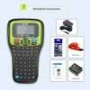 Puty PT-100E portable label printer front view Handheld label maker with battery and charger PT-100E printing labels in office setup Compact portable label printer for retail use Puty PT-100E keypad and display close-up Label printer used for organizing storage