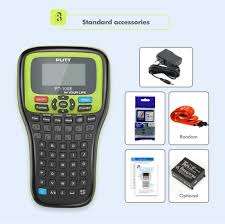 Puty PT-100E portable label printer front view Handheld label maker with battery and charger PT-100E printing labels in office setup Compact portable label printer for retail use Puty PT-100E keypad and display close-up Label printer used for organizing storage