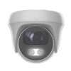 Hikvision 2MP turret CCTV camera front view with hybrid light system Smart security camera with built-in siren and strobe light active deterrence Outdoor mounted Hikvision Turbo HD turret camera on building wall Close-up of two-way audio CCTV camera microphone and speaker design Night vision hybrid light security camera illuminating outdoor area Hikvision DS-2CE70D0T-PTLXTS surveillance camera installed at home entrance