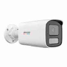 Hikvision ColorVu bullet camera with strobe alarm Long-range Hikvision outdoor security camera installed Red and blue strobe light security camera at night Smart Hybrid Light camera illumination example Hikvision 4MP bullet camera side profile Outdoor CCTV camera monitoring large compound