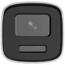 Hikvision 4MP ColorVu bullet camera front view DS-2CD1T47G2H-LIUF/SL mounted outdoor security camera Hikvision Smart Hybrid Light camera night illumination ColorVu full-color night surveillance example Hikvision bullet camera side angle Outdoor IP67 Hikvision security camera installation
